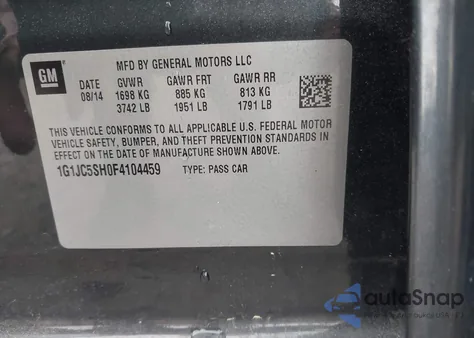 2015 Chevrolet Sonic Lt Auto z USA, uszkodzony, nr VIN 1G1JC5SH0F4104459